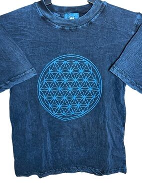Rhea Flower of Life Petrol Blue Acid Wash Cotton T-Shirt Size Small- Festiwear